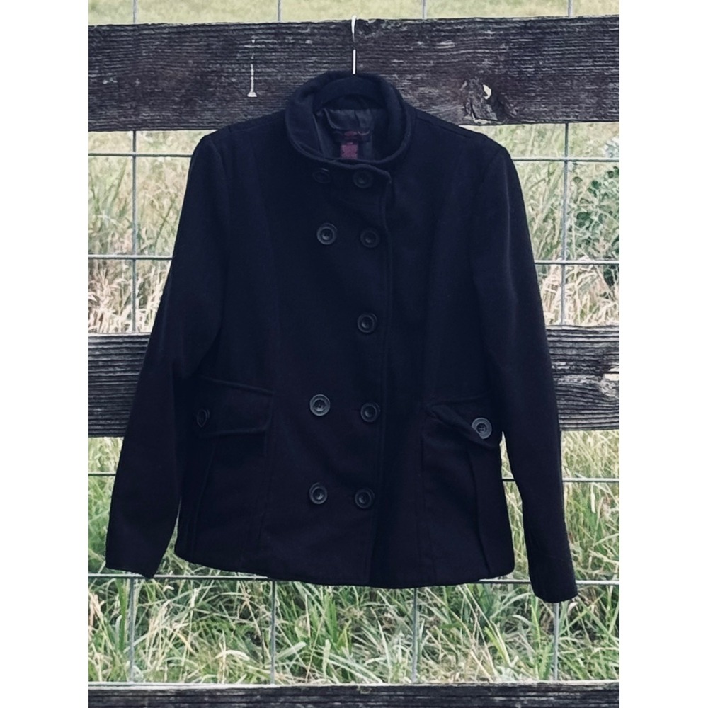 New Look Black Wool Blend Double Breasted Pea Coat Funnel Neck Jacket Womens L